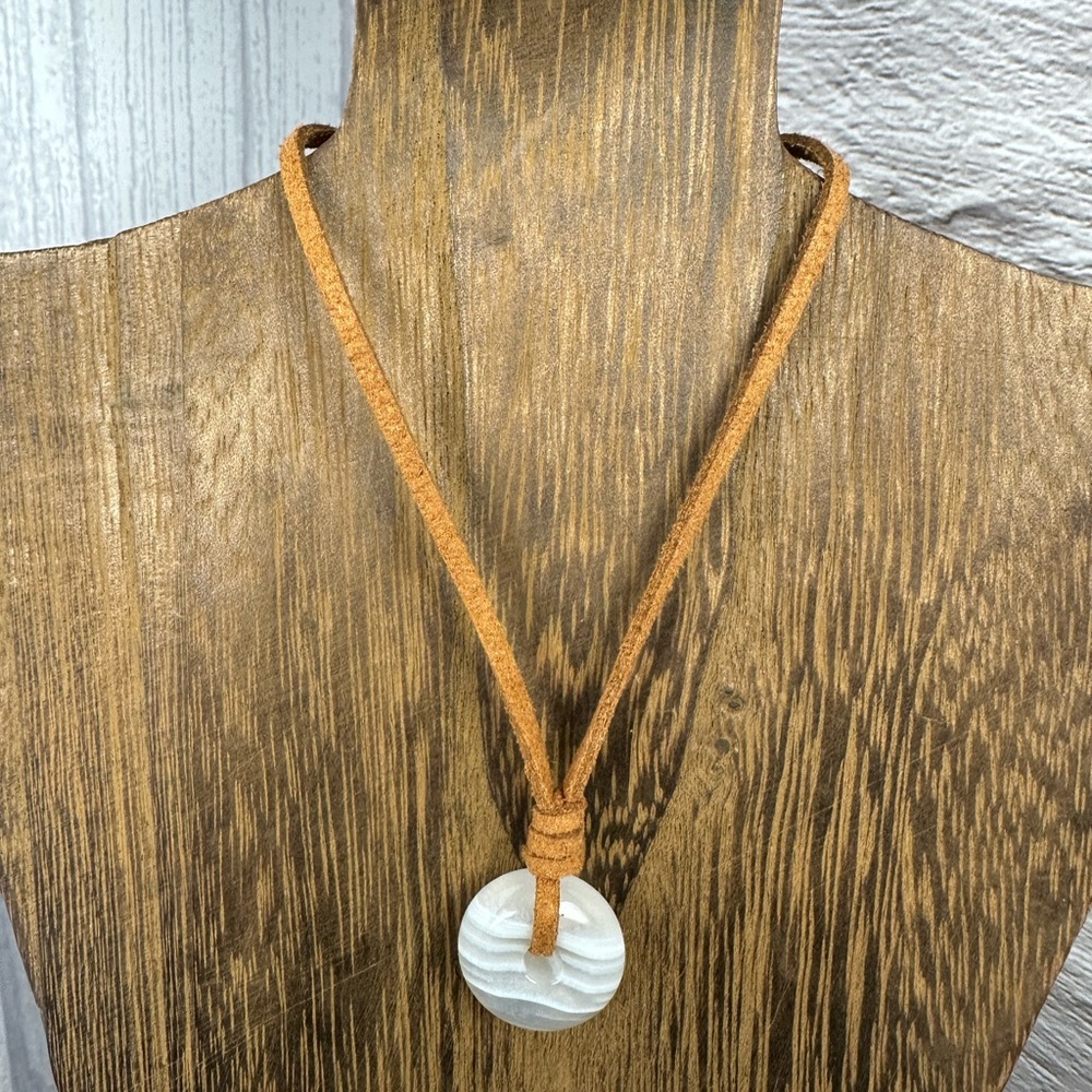 Small Banded White Agate Donut Pendant Necklace on Brown Suede - Picture 10 of 14